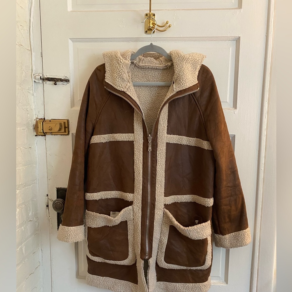 Avec Les Filles Brown and Cream Shearling Coat Pennylane Reversible